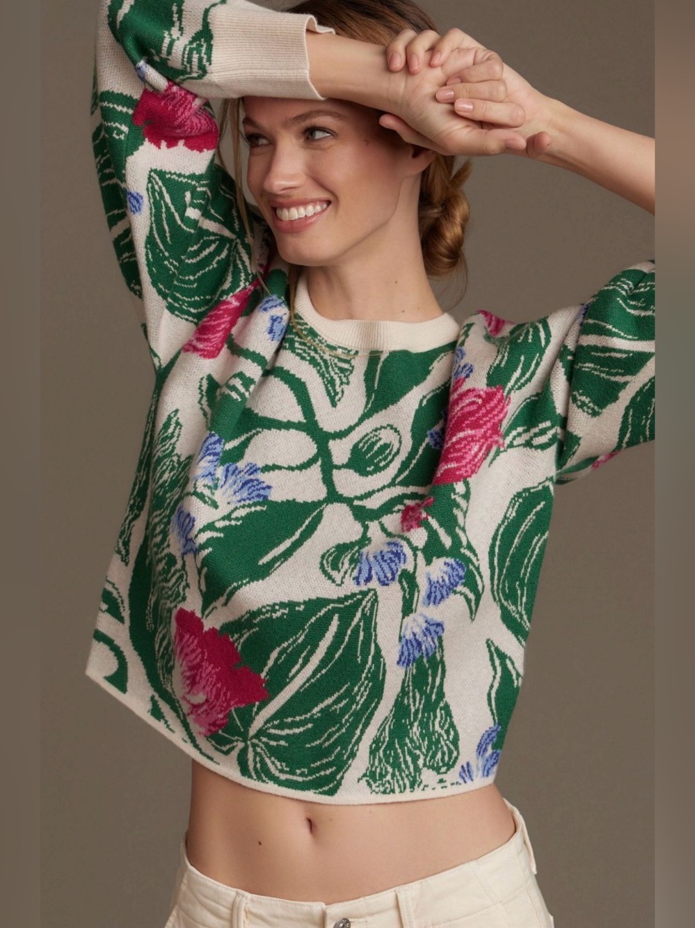 Anthropologie Maeve Tropical Green, Cream & Pink Floral Crew Sweater